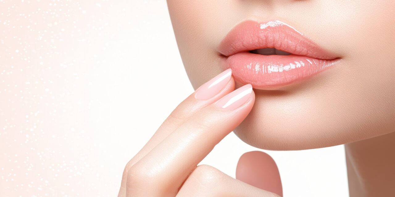 Closeup of beauty with pink manicure and white lip gloss, showcasing trendy makeup cosmetics.