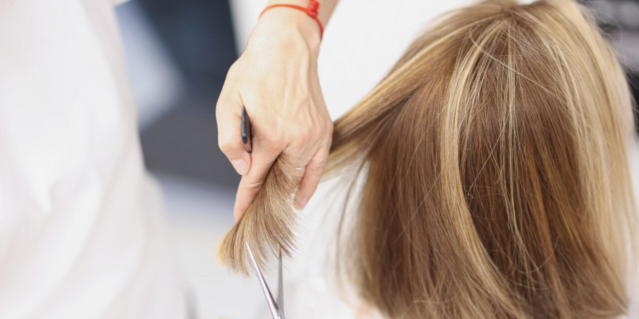 Master hairdresser cuts ends of a client hair in beauty salon. Hair cutting rules concept