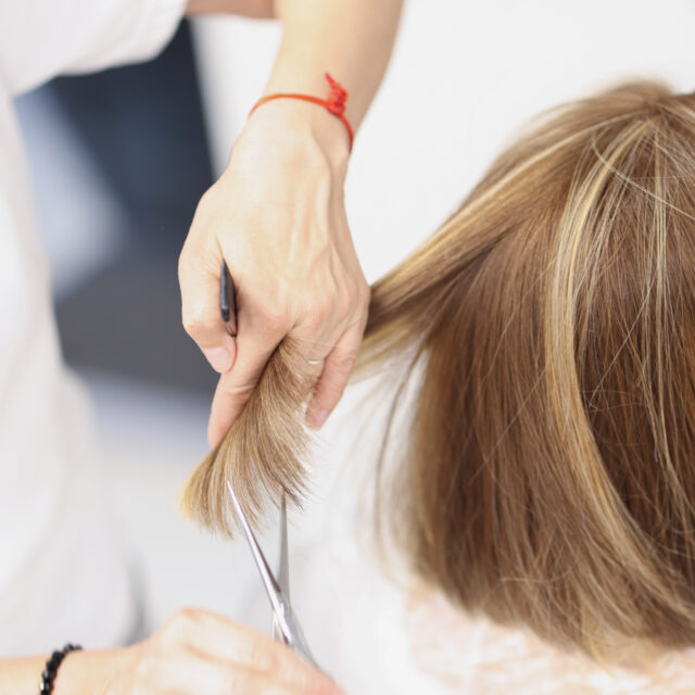 Master hairdresser cuts ends of a client hair in beauty salon. Hair cutting rules concept